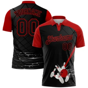 Custom Black Red 3D Pattern Design Bowling Performance Golf Polo Shirt