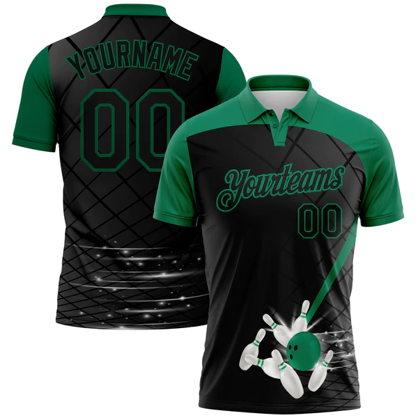 Custom Black Kelly Green 3D Pattern Design Bowling Performance Golf Polo Shirt